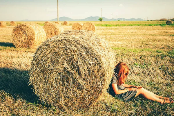 Feno nas pilhas no campo — Fotografia de Stock