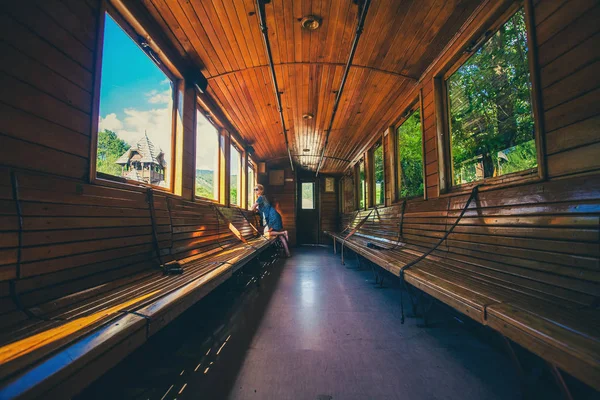 Retro wooden railway carriage at station of Serbia. Stock Picture