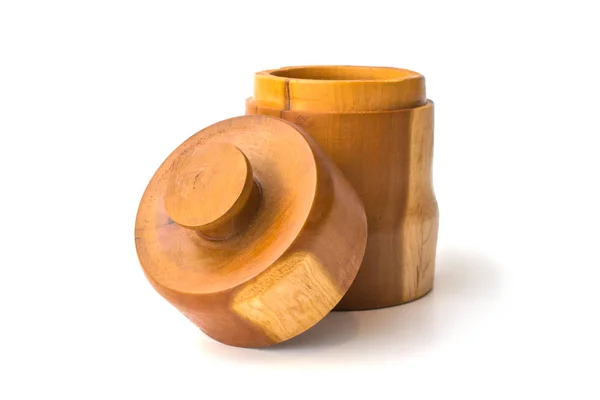 Pot en bois avec couvercle penché infront — Photo