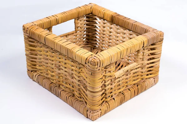 Square Wicker Basket Isolated on White Perspective View Stock Photo