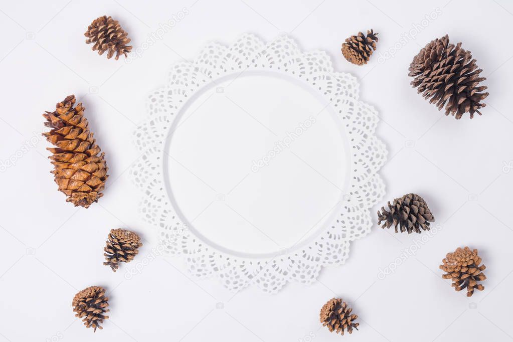 Metal Serving Tray with Pine Cones Flat Lay Top View