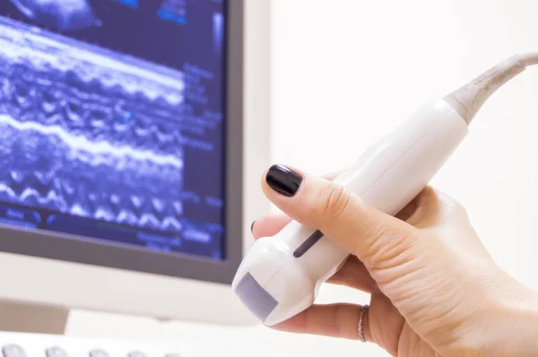 Woman doctor is holding ultrasonic probe in hand background of screen ultrasound machine and preparing for ultrasound study for patient. Scene for diagnostic in internal medicine and medical practice — Stock Photo, Image
