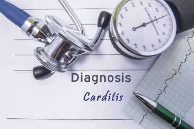 Cardiac diagnosis Carditis. Medical form report with written diagnosis of Carditis lying on the table in doctor cabinet, surrounded by stethoscope, tonometer and ecg. Concept for cardiology clipart