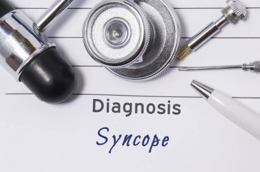 Diagnosis of Syncope. Medical doctor's statement with diagnosis Syncope is on neurologist workplace, which are stethoscope, hammer and tools to determine sensitivity clipart