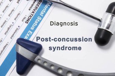 Diagnosis of Post-Concussion Syndrome. Two neurological hammer, result of mental status exam and name of neurologic psychiatric diagnosis Post-Concussion Syndrome on white background or doctor table clipart