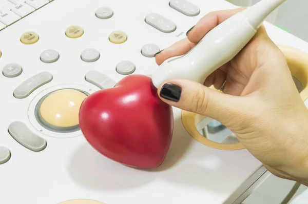 Echocardiography of heart. Ultrasound probe and heart. Doctor performing   echocardiography on shape of heart, which lies on ultrasound machine. Concept for echocardiogram and cardiac examinations — Stock Photo, Image