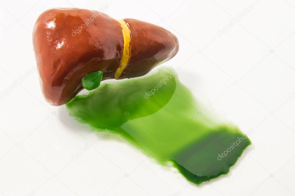 Figure of human liver with gallbladder lies on white with seeping liquid with toxins after detox. Concept photo, symbolizing liver detoxification or detox of toxins, alcohol and harmful substances