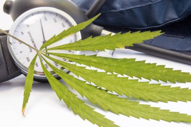 Esrar ya da esrar ve kan basıncı. Yeşil esrar yaprak ölçek tansiyon aleti ve şişirilmiş manşet ölçme yakınındaki yatıyor. Marihuana etkisi azalması veya kan basıncı artışı kavramı