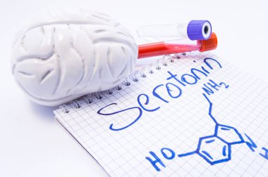 Notebook inscribed with Serotonin and chemical formula surrounded by brain shape and lab test tubes with blood and cerebrospinal fluid. Visualization of serotonin function, effect of it level on mood  clipart
