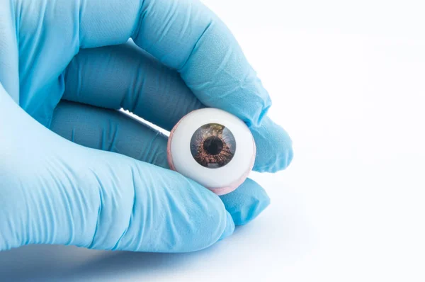 Oogarts of chirurg houdt in hand gekleed in een blauwe handschoen oog (oogbol). Concept foto voor oogbeschadigingen en/of prothese, diagnose en behandeling van ophtalmic ziekten, chirurgische ingrepen op ogen — Stockfoto