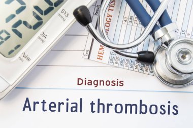 Diagnosis Arterial thrombosis. Stethoscope, hematology blood test result and digital tonometer lie on sheet of paper with printed title diagnosis of vascular disease Arterial thrombosis clipart