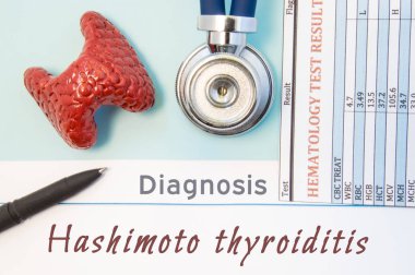 Endokrinoloji tanı Hashimoto tiroiditi. Tiroid bezi, laboratuvar kan analizi, sağlık stetoskop metin yazıtlar Hashimoto tiroiditi doktor işyeri yalan sonucu figürü 