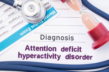 Diagnosis of Attention deficit hyperactivity disorder (ADHD). On psychiatrist table is paper with title Attention deficit hyperactivity disorder near psychiatric report, hourglass and stethoscope clipart