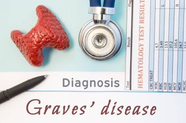 Endokrinoloji tanı Graves hastalığı. Tiroid bezi, kan sağlık stetoskop ve siyah kalem metin yazıtlar Graves hastalığı doktor işyeri yalan laboratuvar analizi sonucu figürü 