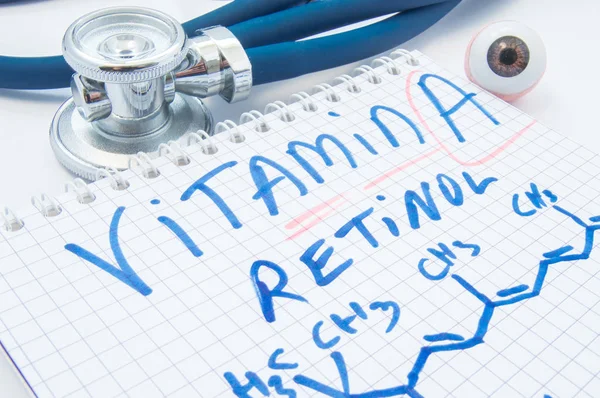 Nota con la inscripción Vitamina A Retinol y fórmula química está cerca de la figura del ojo humano y estetoscopio. Valor de la vitamina A en el cuerpo, deficiencia, exceso, fuentes de alimentos, impacto en los ojos y la piel — Foto de Stock