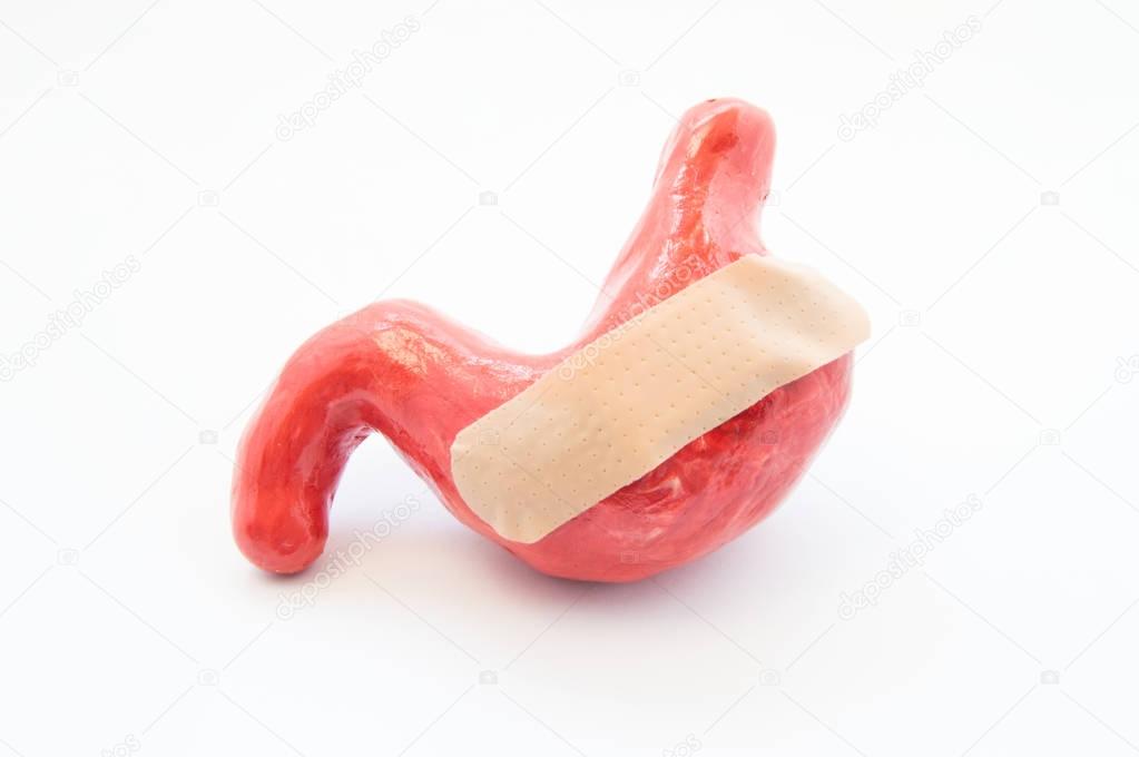 Wounded stomach. Anatomical shape of human stomach with strip of adhesive bandage or plaster on it. Concept photo damaged gastric due to ulcer, erosion, gastritis, hyperacidity and its treatment