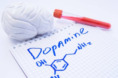 Neurotransmitter Dopamine in brain. Anatomic 3D brain model, lab test tube with blood and note, where is written title of dopamine and formula. Concept for determine level of dopamine in human brain clipart