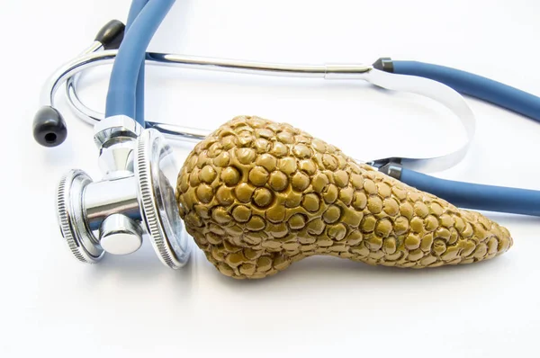 Anatomik pankreas bezinin bu inceliyor stetoskop yakınındaki 3d birim şekil. Sınav veya test, tanı ve tedavi hastalık, bozukluk ya da pankreas bezinin diğer sağlık sorunları için konsept fotoğraf