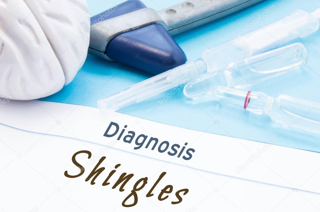 Neurological hammer, brain shape, syringe with needle and vials of medicines are next to inscription Diagnosis Shingles. Diagnostics, treatment and prevention disease of nervous system Shingles
