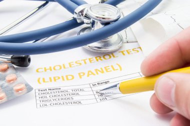 General practitioner checks cholesterol levels in patient test results on blood lipids. Statin pills, stethoscope, cholesterol test and hand of doctor, pointing to increasing its level in concept clipart