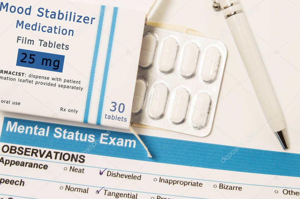 Mood Stabilizer medications or drugs. Packing box with blister of drug, which is name of Mood Stabilizer Medications lies next to result of Mental status exam, conducted by psychiatrist to patient