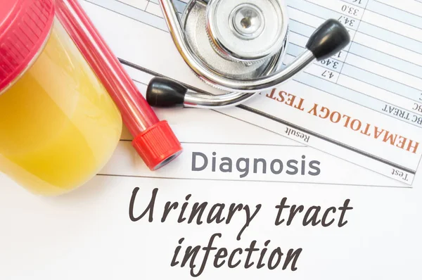 Urinary tract infection diagnosis. Lab container with urine sample, test tube with blood, stethoscope and blood test results on white note inscribed with  urologic disease Urinary tract infection — Stock Photo, Image