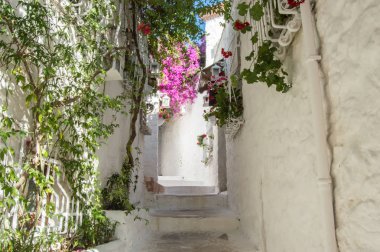  Eski Marmaris sokakları. Dar sokakları ile adımları ya da merdiven ile beyaz tuğla, yeşil bitkiler ve çiçekler etrafında Marmaris Türkiye'de Roma'nın tarihi kent evleri arasında