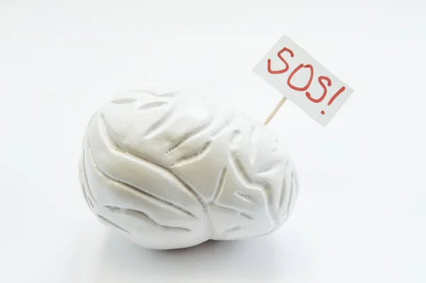 Le cerveau humain est à côté de la plaque avec l'inscription SOS. Cerveau nécessite des soins ou un traitement médical par un médecin en raison de la maladie ou de l'impact de facteurs indésirables sur la santé, le travail ou les fonctions organiques du système nerveux — Photo