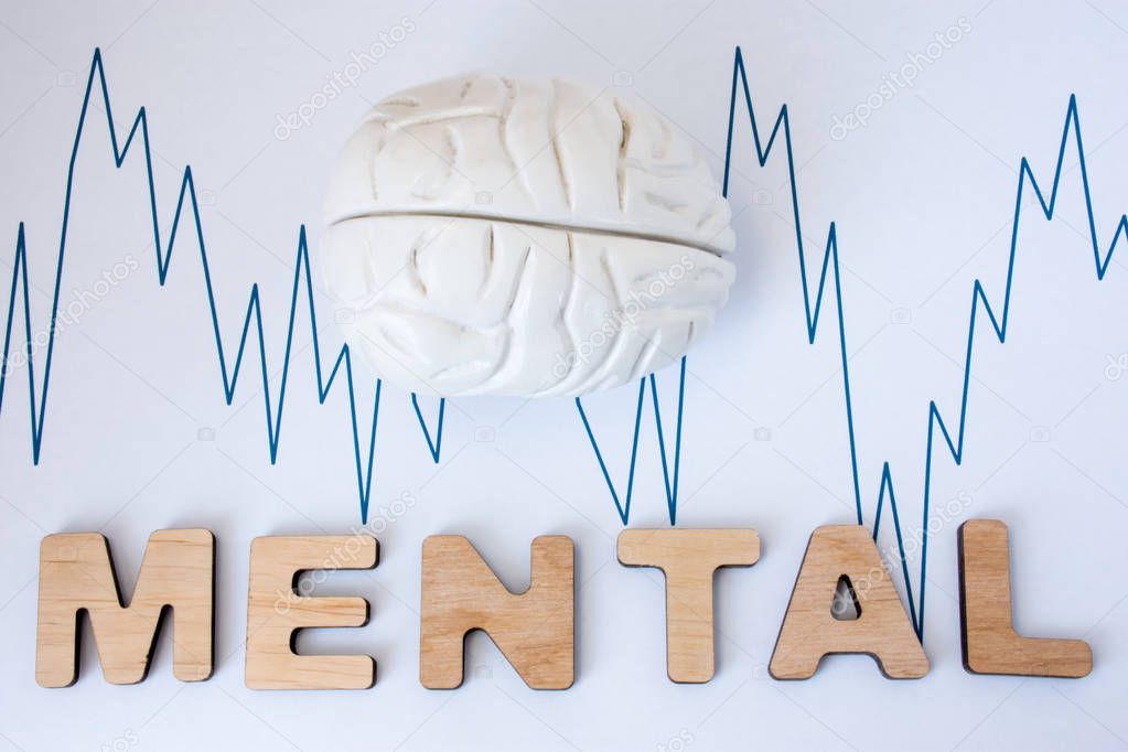 Shape of brain with drawn curve activity and word Mental on a white background. Concept photo symbolizing brain normal mental activity and function, health, disability and retardation, illness, help 