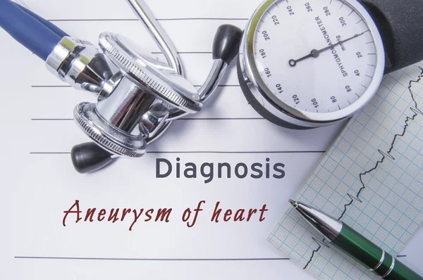 Cardiac diagnosis Aneurysm of heart. Medical form report with written diagnosis of Aneurysm of heart lying on the table in doctor cabinet, surrounded by stethoscope, tonometer and ecg