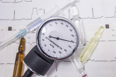 Düzeyi yüksek kan basıncı, arka plan kağıt Elektrokardiyogram şırıngayı farklı boyut şişeleri tarafından çevrili olan tansiyon aleti. Hipertansif acil (kriz için acil tıbbi tedavi)