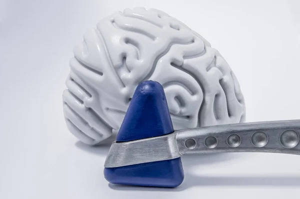 Martillo reflejo neurológico se coloca frente a la figura del cerebro humano en una vista frontal de mesa médica blanca. Concepto pic para encuestas o exámenes neurológicos o neurocientíficos —  Fotos de Stock