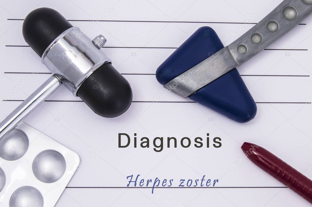 Printed medical form with text diagnosis Herpes zoster, two medical neurological reflex hammers, medicine pills in a blister pack and a ballpoint pen on the table in the doctor's office