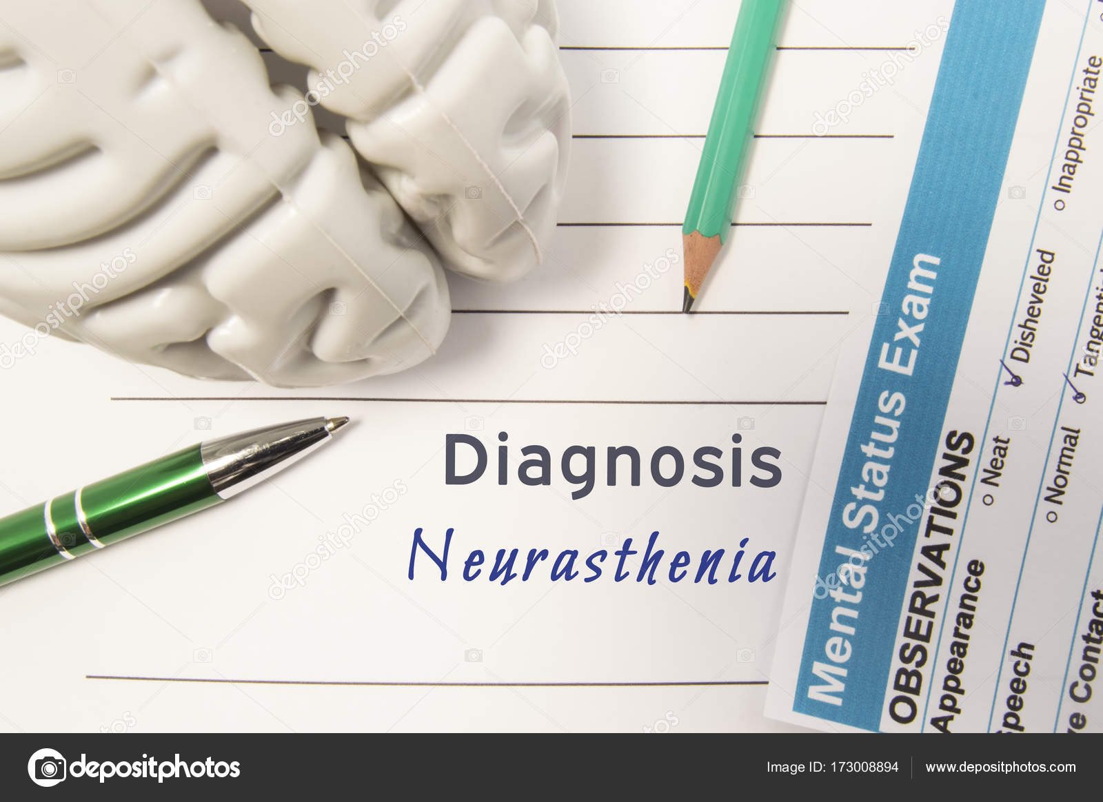 Diagnosis Neurasthenia. Figure of human brain, result of mental status