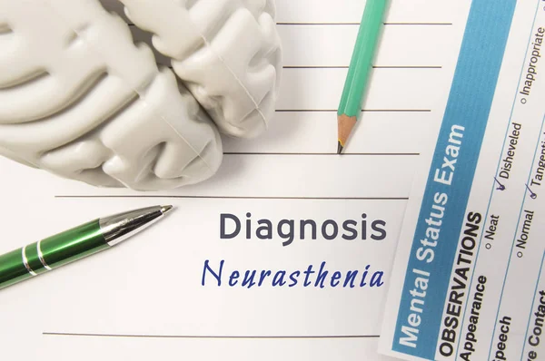 Diagnosis Neurasthenia. Figure of human brain, result of mental status exam surrounded written psychiatric diagnosis Neurasthenia in medical report on doctors deck. Concept for psychiatry or neurology — Stock Photo, Image