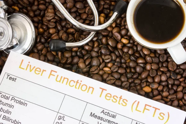 Karaciğer Fonksiyonları Enzimler Etkinlik Kahve Kafein Etkisi Arka Plan Olarak — Stok fotoğraf