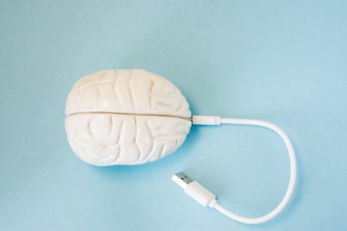 Beyin içinde eklenen soketli tel veya şarj kablosunu takın. Kavram teknoloji veri, bilgi, bilgi beyin sinir sisteminde, zihinsel ya da psişik bağlantı veya beyin şarj iletimi kablolu