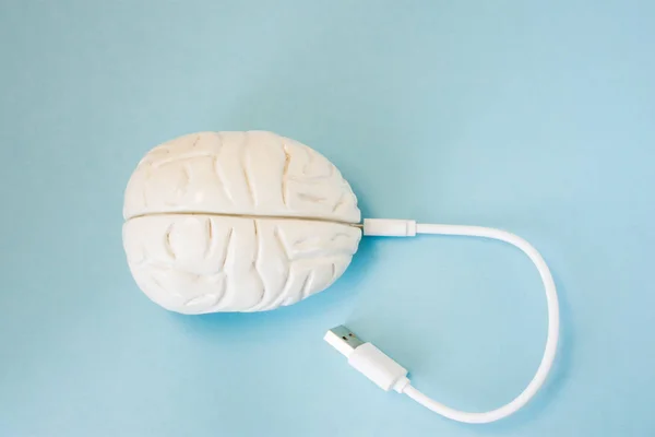 Brain with inserted in socket plug wire or charging cord. Concept technology wired transmission of data, information, knowledge in brain nervous system, mental or psychic connection or charging brain