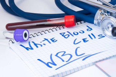 Beyaz kan hücresi (Wbc) sayısı yordam test. Not Metin beyaz küre doktor ofiste tabloda ile laboratuvar test tüplerini kan, stetoskop, karalama veya film ve eldiven yakındır