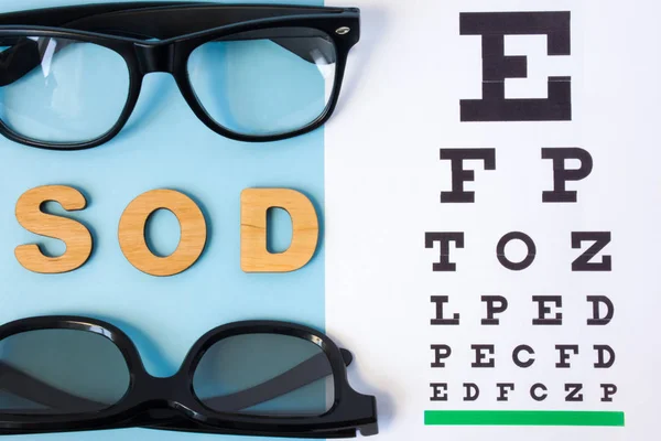 Ophthalmic table for testing visual acuity, pair of eyeglasses and SOD inscription in Latin oculus dexter and sinister meaning right and left eye. Photos for use in ophthalmology and optometry