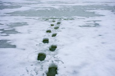 Kış sahne fotoğrafı düşmek buz, boğulma ya da ince bir buz nehirler, göller, göletler ve diğer su depoları yürüyüş tehlikeleri. Nerede adam düştü yakınındaki insan ayak izi son izleri