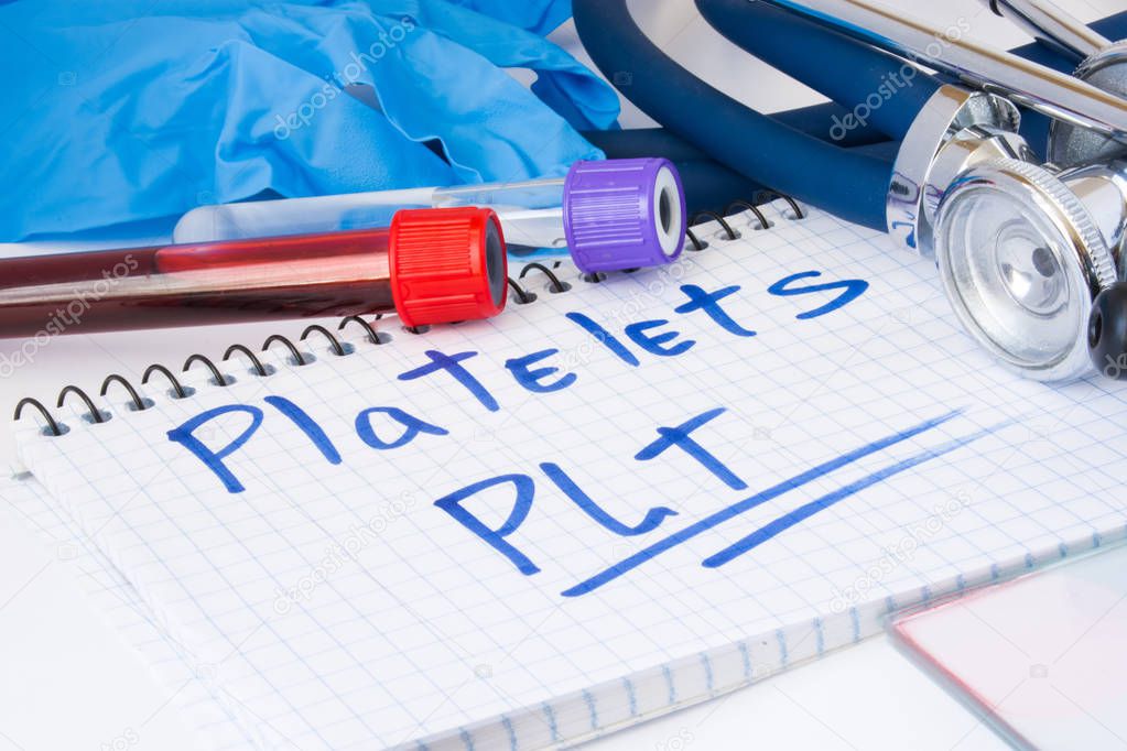 Platelets or thrombocytes count procedure (PLT) blood test. Laboratory test tubes with blood, stethoscope, smear or film and gloves are near note with text platelets (PLT) on table in doctor office