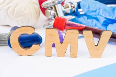 CMV abbreviation or acronym in foreground, in laboratory, scientific or medical practice meaning Cytomegalovirus, with model of brain, neurological hammer, laboratory test tubes,  stethoscope clipart