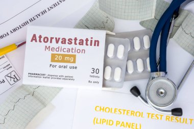 Atorvastatin active ingredient in drug as international nonproprietary name of active pharmaceutical substance concept photo. Packaging with label 