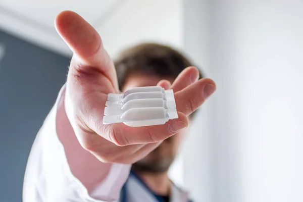 Treatment Medication Form Suppositories Concept Photo Doctor Holding His Outstretched — Stock Photo, Image