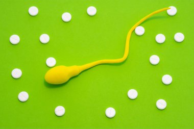 Sperm hücresinin 3 boyutlu anatomik modeli ya da spermatozoon yeşil arka planda beyaz hap süsü puantiyeleriyle çevrilidir. Sperm hastalıklarının tedavisi, hücre patolojisi, erkek kısırlığı konsepti