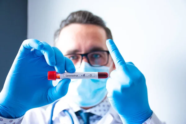 Physician Hold One Hand Laboratory Test Tube Blood Marked Labeled — Stok fotoğraf