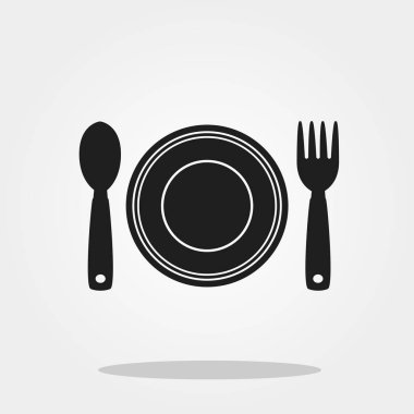 Tabak kaşık çatal şirin simgesini renk arka plan üzerinde izole trendy düz stil. Mutfak eşyaları simgesi tasarım, logo, UI. Vektör çizim, Eps10.