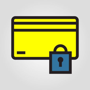 Kredi kartı güvenli simgesini gri arka plan üzerinde izole trendy düz stil. Internet ve e-ticaret simgesi tasarım, logo, UI. Vektör çizim, Eps10.