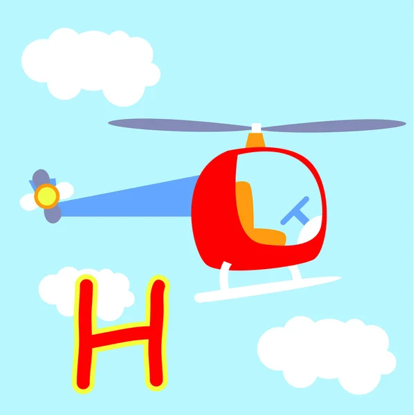 Kırmızı helikopter için çocuk ve çocuk çizgi film illüstrasyon düz gökyüzü üzerinde uçan — Stok Vektör